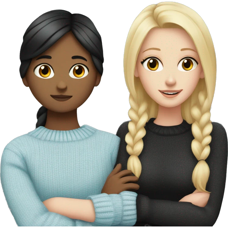 Blonde white girl wearing light blue sweater hugging black haired white girl wearing black sweater emoji