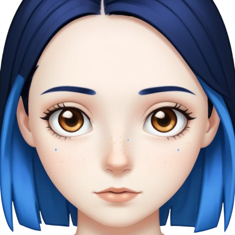Pale girl with brown eyes and freckles, black hair, with two strips of blue hair emoji