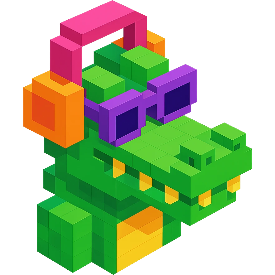 voxel style crocodile with headphones and sunglasses, isometric view emoji