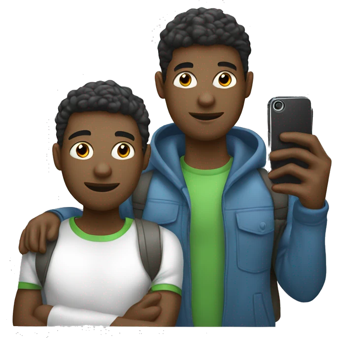 "Two male students taking photos with a cell phone.white skin emoji
