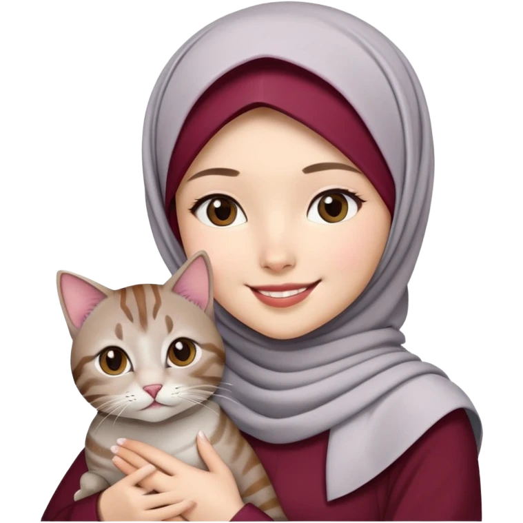 Asian White girl wearing maroon hijab with white dress holding a black grey tabby cat while smiling.  emoji
