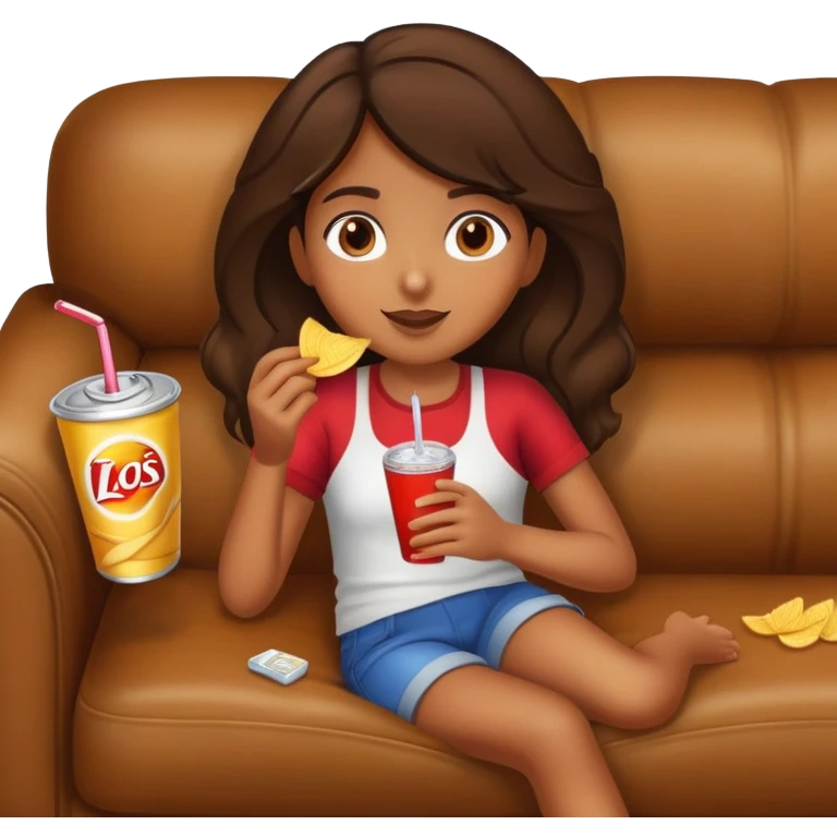 home brown girl with chips and drink, lying at the sofa emoji