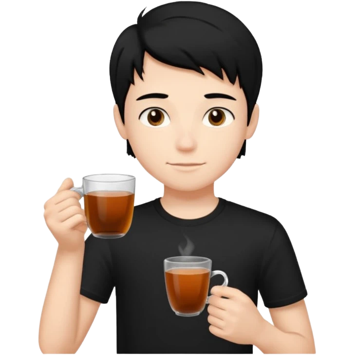 The boy teen have a black hair, and black T-shirt with a cup of tea. blue background  emoji