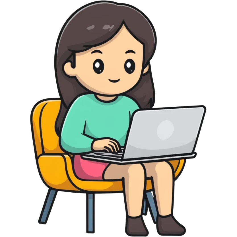 girl with long dark hair using a laptop on a chair emoji