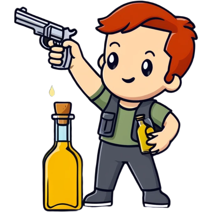 redhead person holding olive oil bottle like a pistol, action pose emoji
