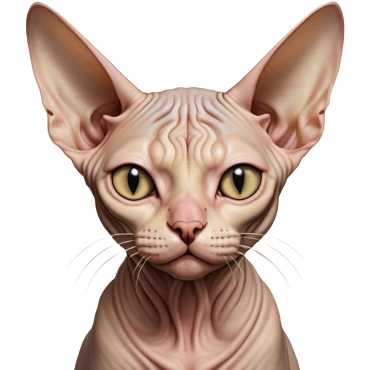 Cinematic Meme-Worthy Grumpy Sphynx Cat Portrait Emoji, Head held high but eyes filled with dramatic disappointment, hairless, wrinkled skin forming deep furrows of discontent, large ears positioned like tiny radar dishes of judgment, signature scowling mouth and narrowed eyes radiating pure disapproval, Simplified yet hilariously over-exaggerated features, highly detailed, glowing with an aura of supreme annoyance, high shine, exhausted yet judgmental, stylized with an almost regal pettiness, bright but brooding, soft glowing outline, capturing the essence of a feline that has seen it all and is thoroughly unimpressed, so meme-worthy it feels like it could instantly become the next viral sensation of grumpiness! emoji