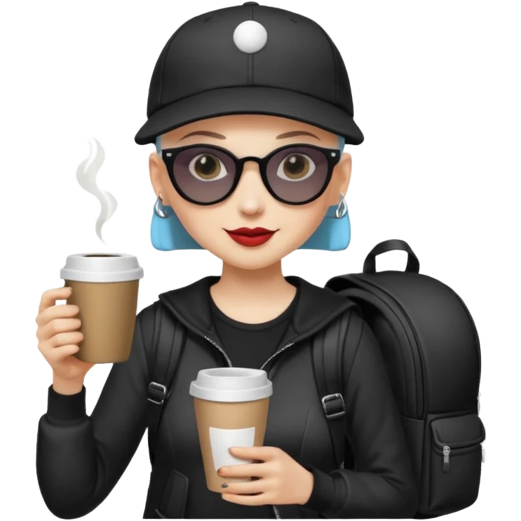 ["A happy woman with light skin, bald, wearing a baseball cap and sunglasses, dressed in goth fashion, is drinking coffee while holding a backpack."] emoji