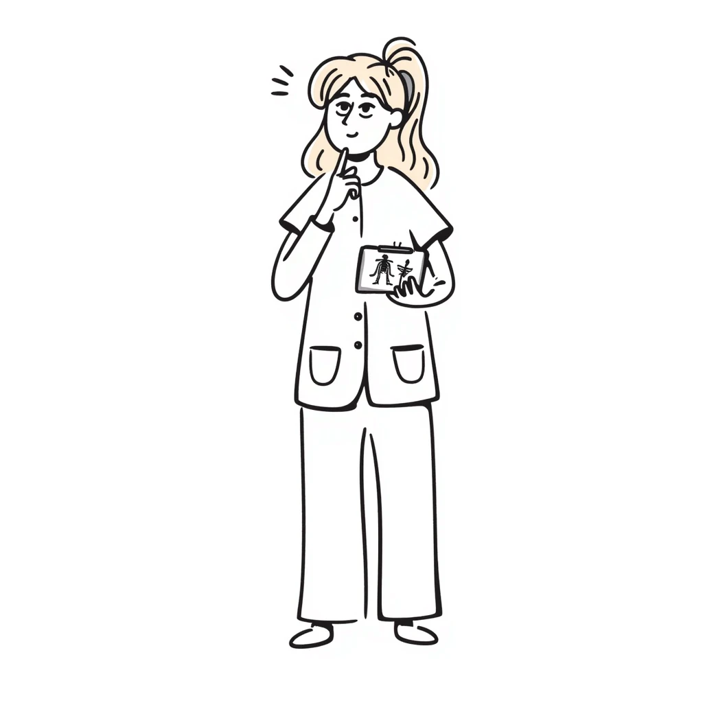 blonde female physical therapist with ponytail, thoughtful expression, wearing scrubs emoji