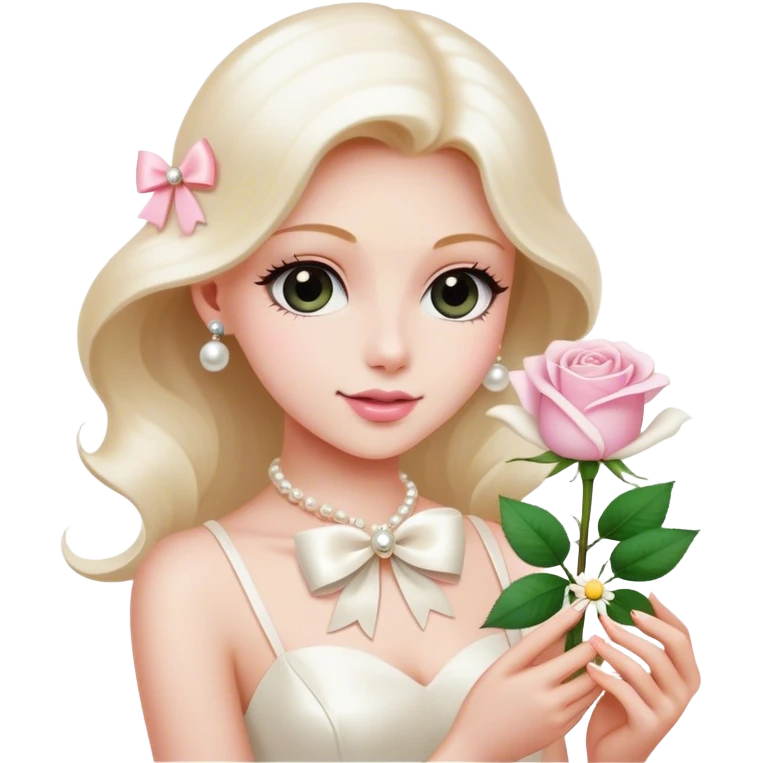 a beautiful aesthetic single rose in white and pink with an ivory bow and a pearl white perfume bottle with a white daisy on the cork emoji