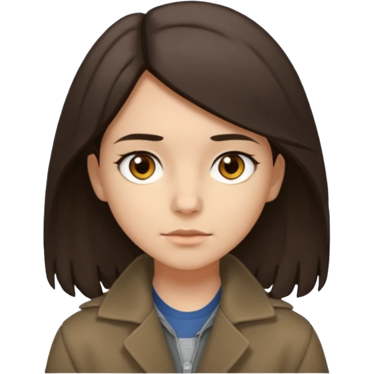 Hobo tomboy with shoulder-length dark brown hair that is parted in the middle. brown eyes, dark dull brown coat, grey shirt. emoji