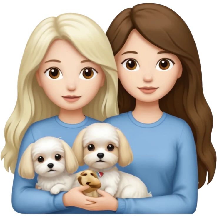 two women are holding only one Maltese dog. one woman is brunette the other woman is blonde long haired  emoji