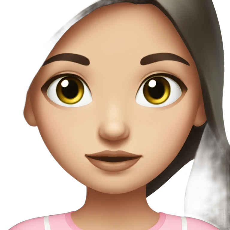 a beautiful russian girl with dark green eyes very long dark brown hair and a baby pink top emoji
