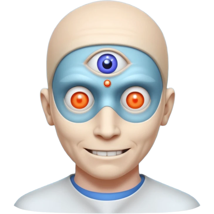 mutant test subject portrait, head and shoulders only, third eye on forehead, pale skin, creepy calm smile, lab experiment style, 3D cartoon, mobile game icon style, clean background, no text, no watermark

 emoji