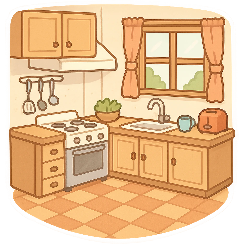 一个温馨的厨房，前面是片空地 emoji
