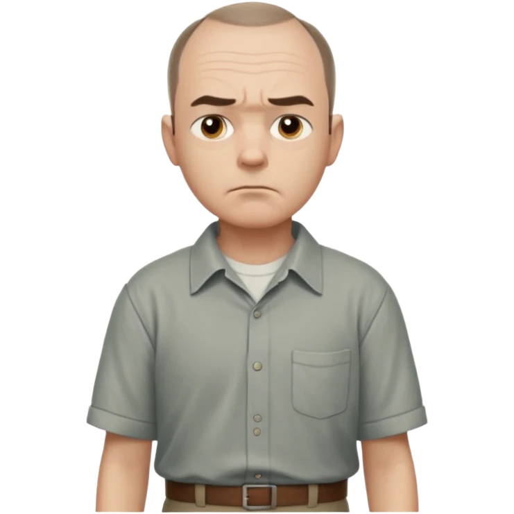 Carl from Sling Blade, serious expression, recognizable features, chin sticking out, slouching posture, no glasses, shirt with collar,  side view,show his entire body, he is standing. three-quarter face angle. He sticks his head forward emoji
