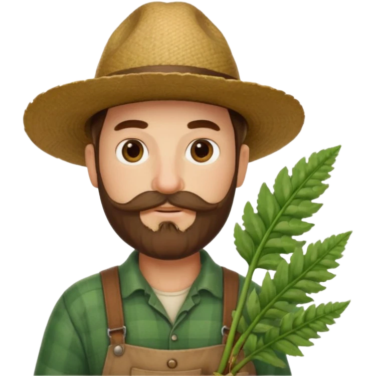 farmer emoji in classic apple style, same outfit and hat as original 🧑‍🌾, holding a single large fiddlehead fern, light moustache and beard, facial features inspired by reference photo, friendly look emoji