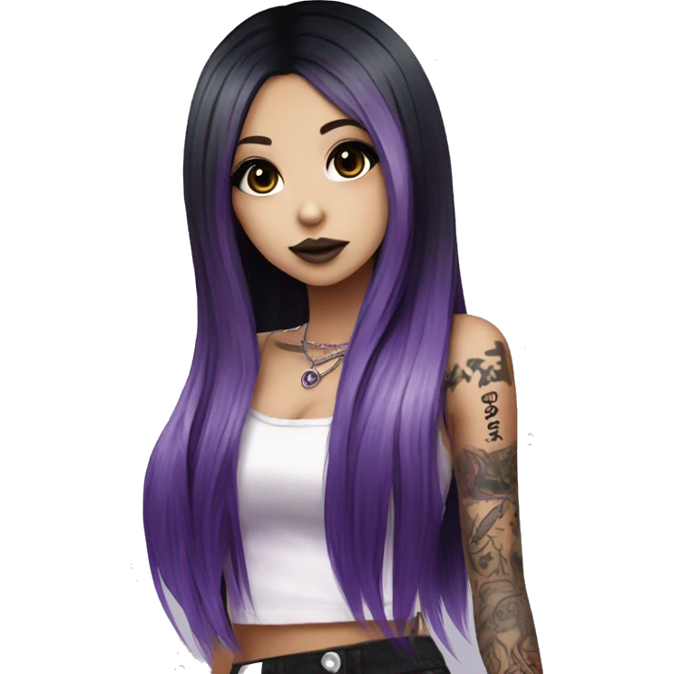 hime gyaru girl, long straight black and purple hair, tattoos, dark makeup,  emoji
