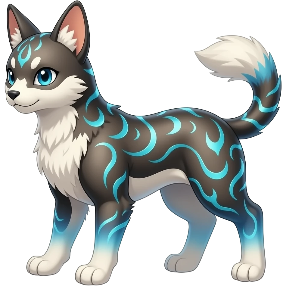 Digitigrade elemental realistic pretty elegant sleek shiny patterned quadrupedal Randomly patterned Shinx-Liepard-Houndour-Arcanine-Electrike-Fakémon-Digimon-animal-hybrid, full body, short fluffy tuft nub-tail emoji