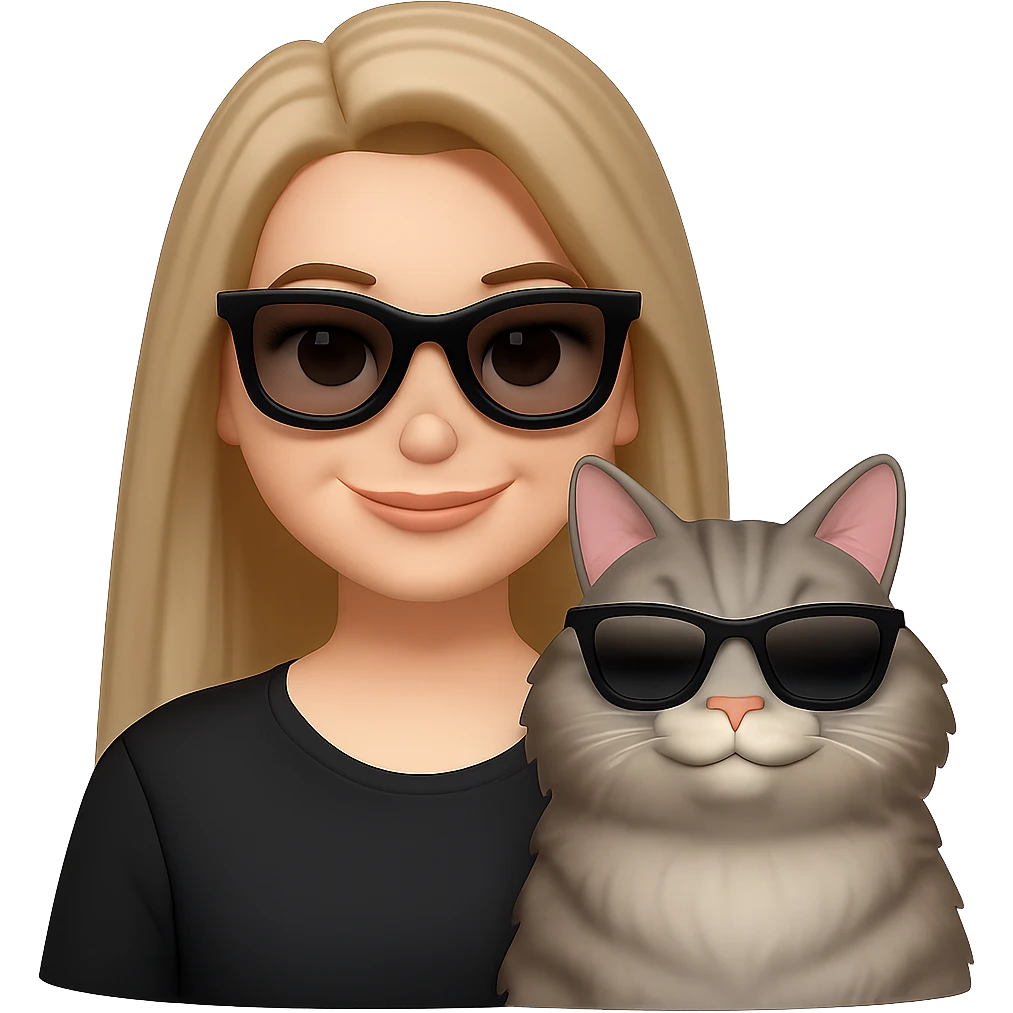 Edit the image to make the woman's hair longer so it goes past her shoulders. Make the grey tabby cat chubbier and fluffier. Both the woman and the cat should be slightly smiling, still wearing sunglasses and looking cool. Remove the background entirely. The style should remain consistent with the original image's look and feel. emoji