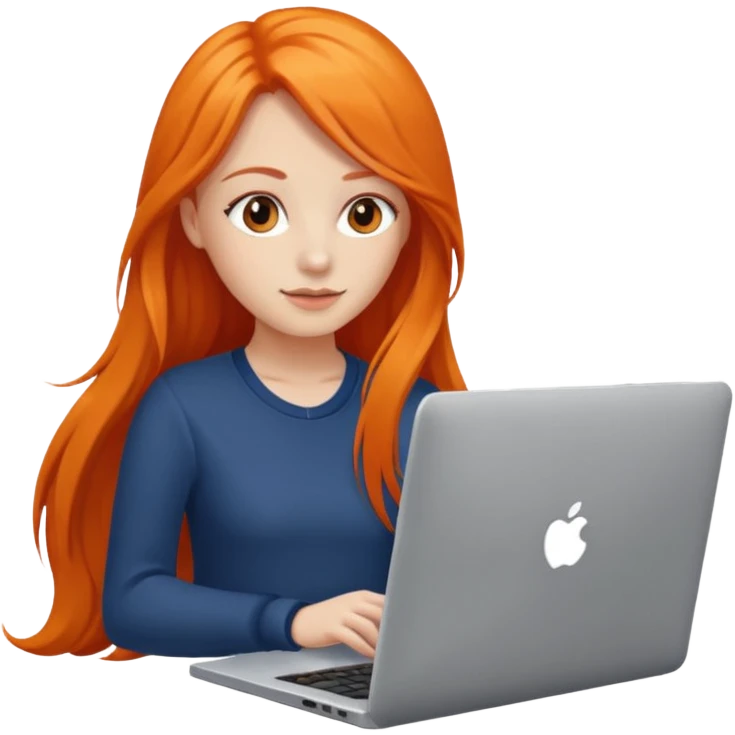 a girl who has a long orange hair is using a laptop emoji