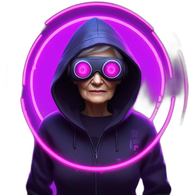 Russian old woman wearing a black hoodie with "OMG" letters on it and VR headset in a cyberpunk VR environment with violet neon lighting. emoji