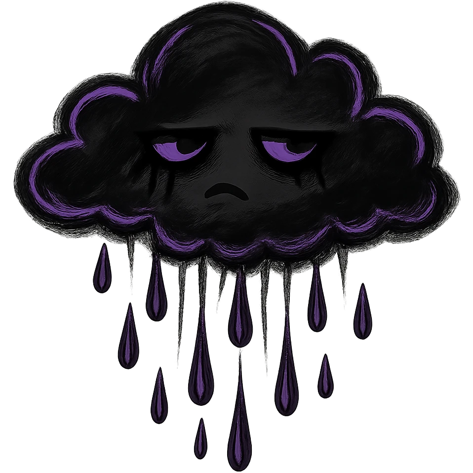 emo cloud with rain, black and purple colors, no background emoji