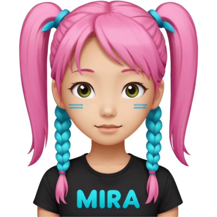 a girl wearing a black t shirt with cyan letters'mira', brave and smart face, narrow eyes, korean girl, small grin,half up half down look with two diagonal pigtails, long pink hair emoji