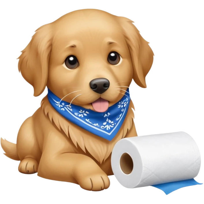 A golden retriever with a blue bandanna and a roll of toilet paper in his mouth emoji