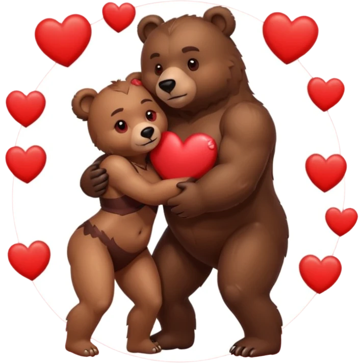 muscular male bear hugging muscular female bear, surrounded by hearts, playful and loving emoji