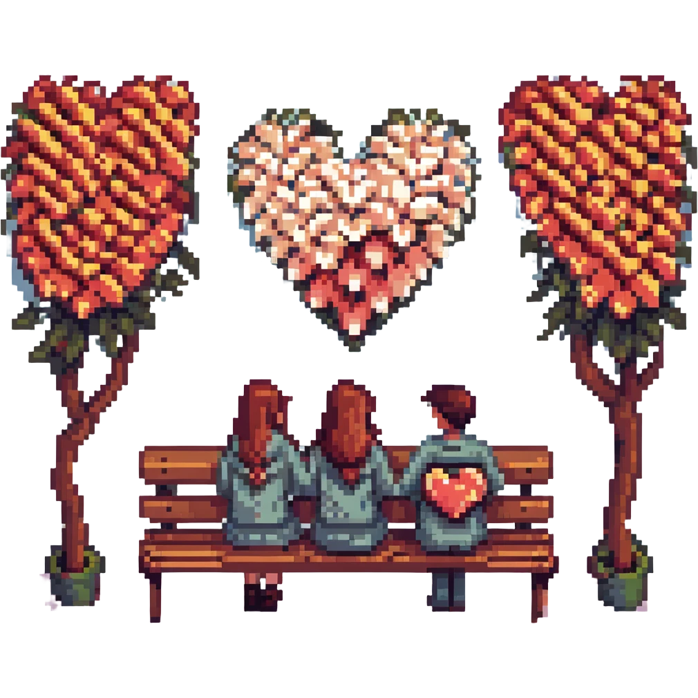 Sticker of Sasha and Yulia, two young lovers, in a pixel art style. They are sitting together on a bench, with pixelated hearts and flowers around them. emoji