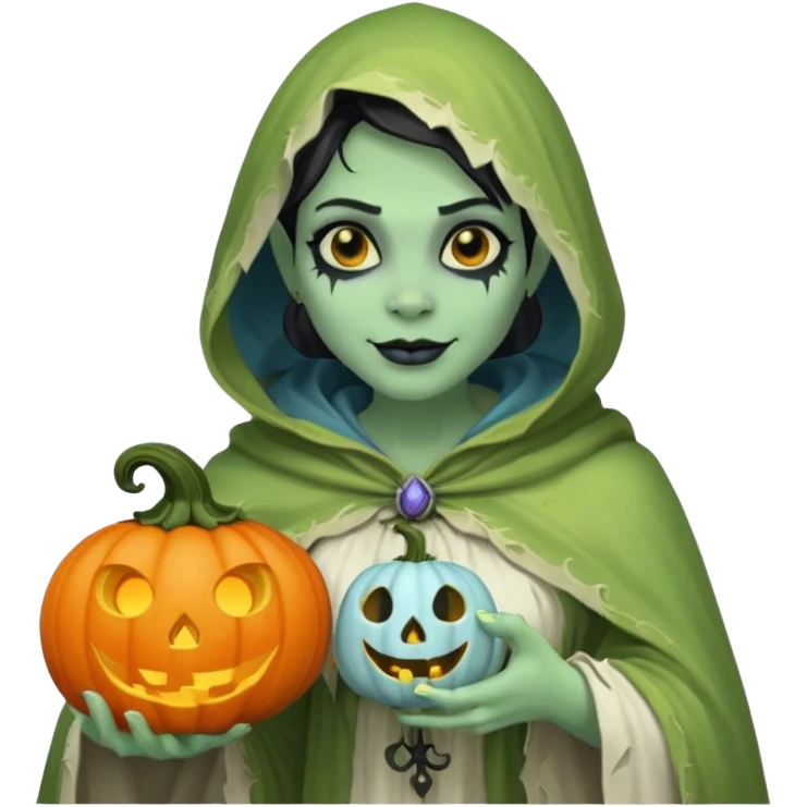 female orc ghost emoji, green skin, tusks, gentle smile, wearing flowing white ghost cloak with black eye holes, holding pumpkin lantern, faint glowing blue mist, Halloween fantasy, smooth Apple emoji style, white background, square emoji