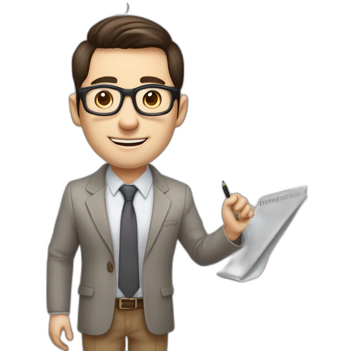 Pale skinned fit man with dark brown hair in gray jacket, beige office shirt, brown tie, brown pants and vintage glasses Writing text on the flipchart emoji