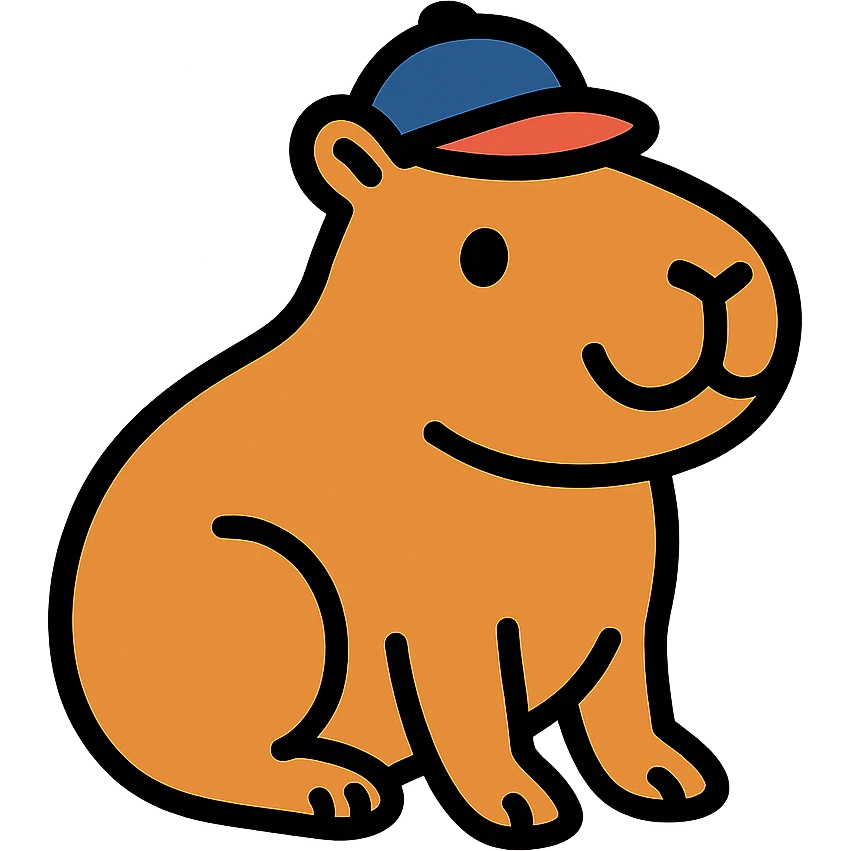 A cute capybara wearing a small hat or cap, looking happy emoji