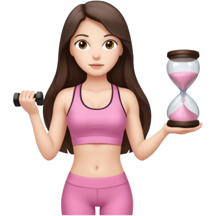 white brunette girl long hair with hazel eyes in light pink workout with hourglass shaped body emoji