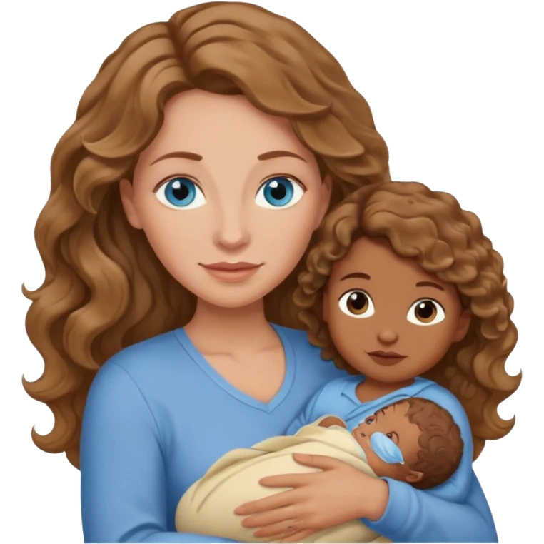 Light brown Caucasian wavy haired mom and blue eyeswith and brown skinned newborn baby emoji