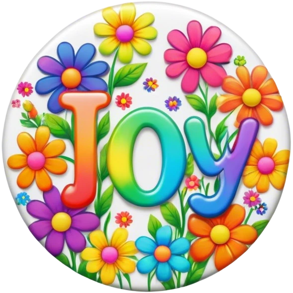 A round psychedelic colored button that says joy with rainbow colored hippie style flowers emoji
