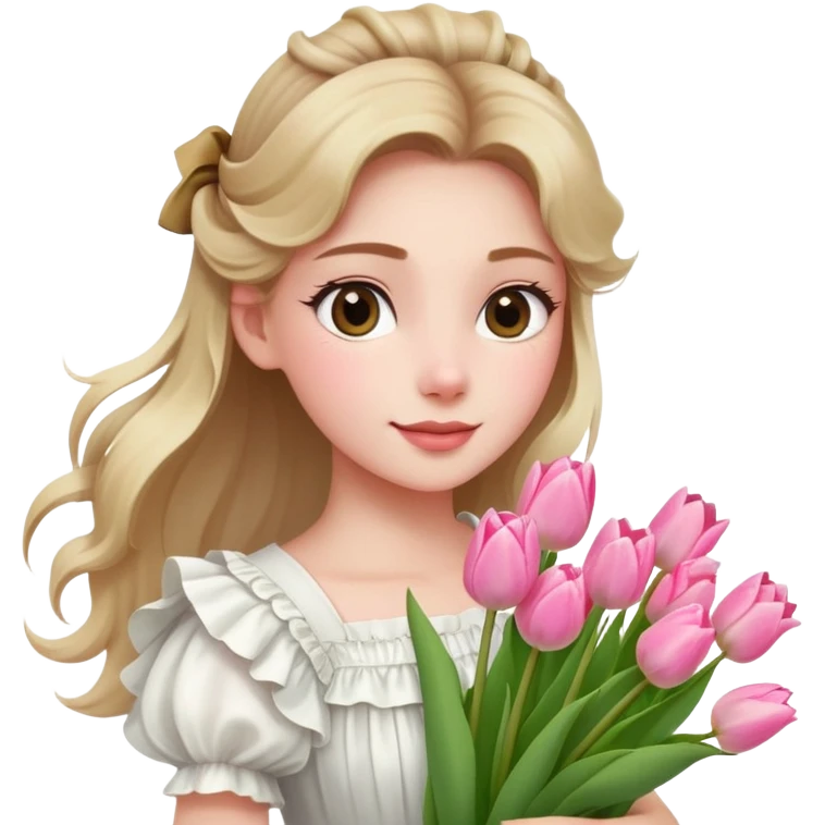  A girl with a half-up half-down hairstyle, and a white ruffled top, enjoying the spring breeze.Holding a bundle of pink tulips emoji