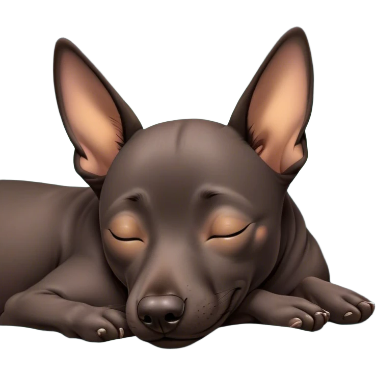 Meme-Worthy Cute Sleeping Xoloitzcuintle dog Portrait Emoji, Head resting peacefully with a contented smile, showcasing a sleek, muscular build with smooth, hairless ebony skin and gently relaxed wrinkles, eyes shut in a serene nap, Simplified yet hilariously adorable features, highly detailed, glowing with a soft, drowsy light, high shine, relaxed and utterly lovable, stylized with an air of playful laziness, bright and heartwarming, soft glowing outline, capturing the essence of a comically sleepy guardian, so meme-worthy it feels like it could instantly become the next viral sensation of adorable slumber! emoji