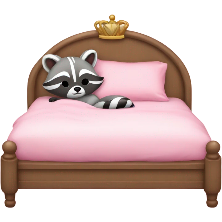 princess style bed with sleeping cute racoon wearing pink bow on head in it emoji