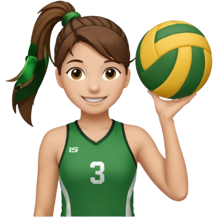 Девушка с хвостом, коричневые волосы и две пряди у лица, в зеленой волейбольной форме радуется emoji