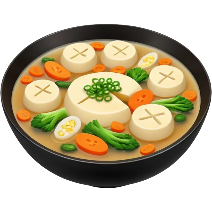 A black bowl filled with soft, uneven pieces of dough floating in a clear Korean broth, with sliced vegetables on top emoji