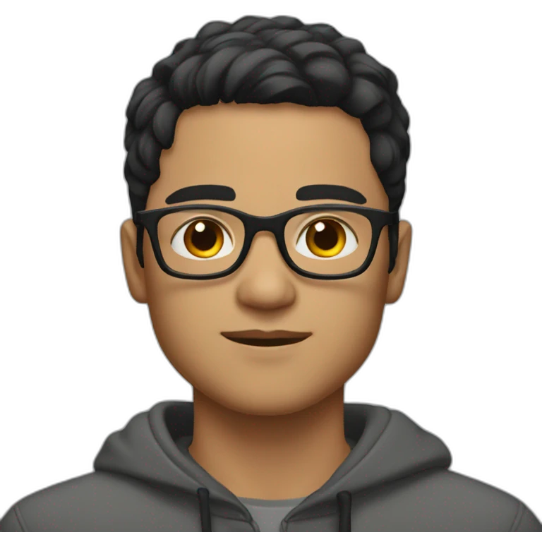 Young man with black hair and round grey glasses, brown eyes emoji