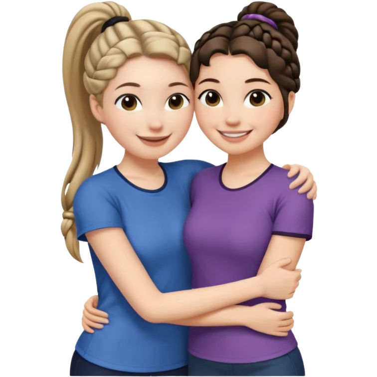 Hug two white skin women, one shorter woman with medium brown simple top ponytail, not braided, and one taller woman with a single long black side braid emoji