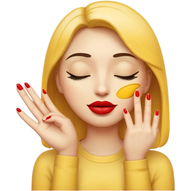 Standard yellow emoji face with closed eyes forming upward curved lines, visible eyelashes, pursed lips with red lipstick, and a hand showing only the thumb out with all other fingers closed against the palm, painted nails emoji