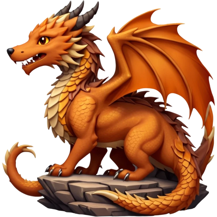 Majestic wolf-like dragon with red sandstone scales and layered plates resembling canyon rock formations. Crystallized mineral mane with copper and gold hues runs down its neck and back. Obsidian claws, amber eyes, and a tail of stone spires. Pokémon style. orange-ish brown fur/scales. emoji