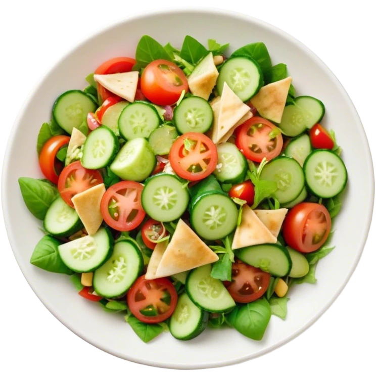 Cinematic Realistic Fattoush Salad Dish Emoji, depicted as a colorful medley of greens, tomatoes, cucumbers, and crispy pita rendered with vibrant textures and refreshing lighting. emoji