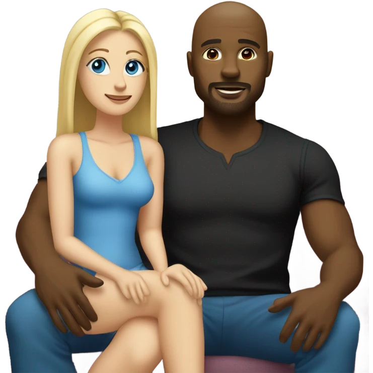 Blonde woman with blue eyes and long straight hair and black man who is bald with a goatee seated together on a sofa with their legs touching and clearly in love with each other with her left arm around him and his right arm around her.   emoji