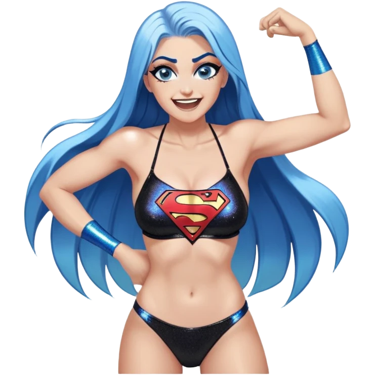 Very tall-very very very large chest-head back laughing-bending-very long straight flat black to light blue hair ombre-blue eyes-black eyeliner-long eyelashes-iridescent sting bikini top with glitter superman logo-angry emoji
