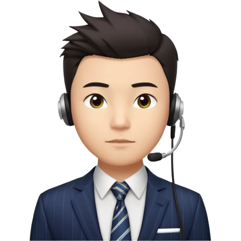 gay young Asian man with light skin, short dark hair styled upward with a sharp spiked swoop in front, slightly narrowed almond-shaped eyes with a confident, knowing squint, a clean-shaven face, and a sleek single-ear headset, wearing a dark pinstripe suit with a patterned shirt tie emoji
