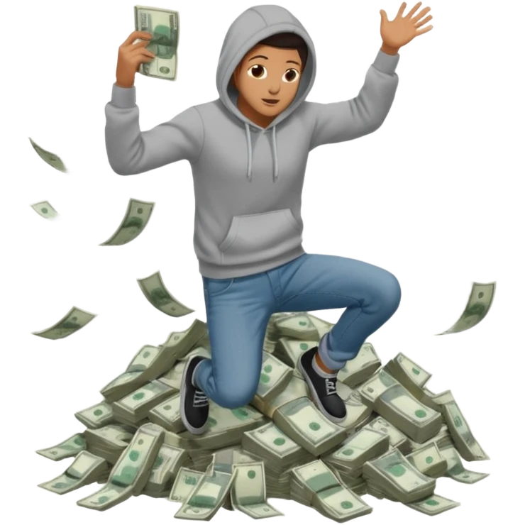 casually dress person in jeans and a hoody jumping into a pile of money emoji